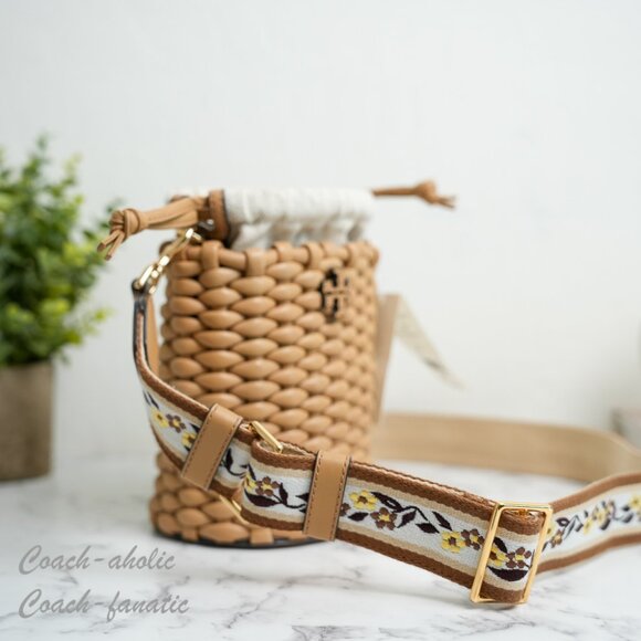 NWT  Tory Burch Emerson Woven Mini Bucket Bag in Ginger Shortbread 160648 - Picture 2 of 12